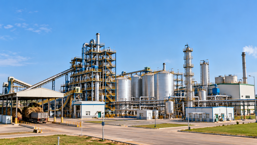 Completed ethanol plant with steel process structures, storage tanks and plant buildings