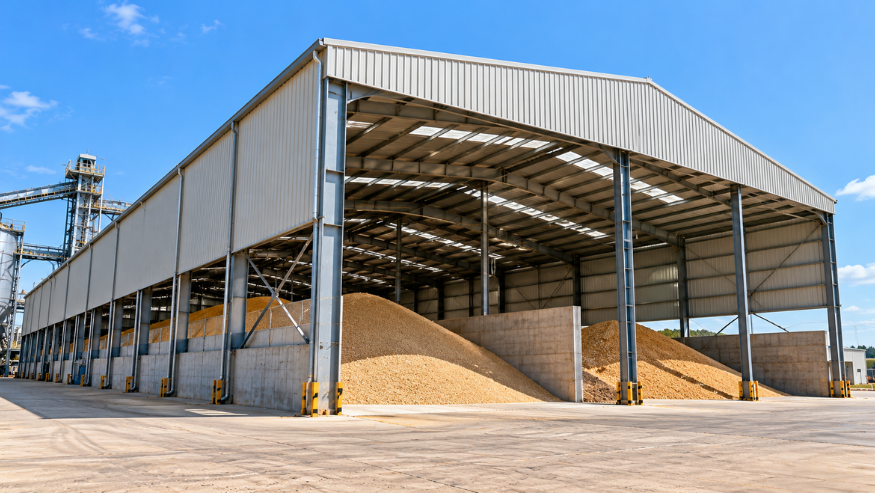 Open-span steel grain storage shed with raw material stored inside