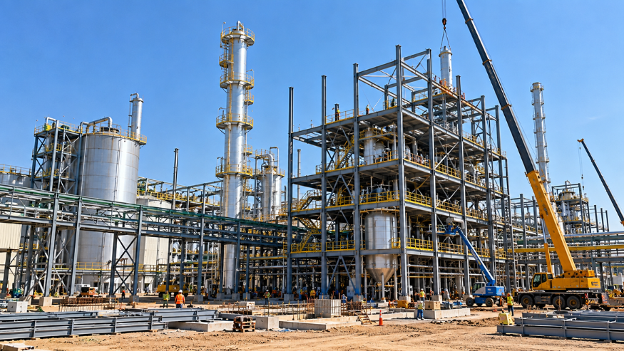 Steel process plant structure with tanks and a distillation column under construction
