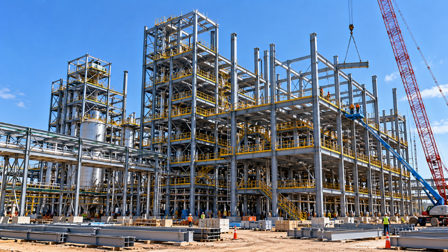 Multi-level steel process structure for an ethanol plant being erected with a crane
