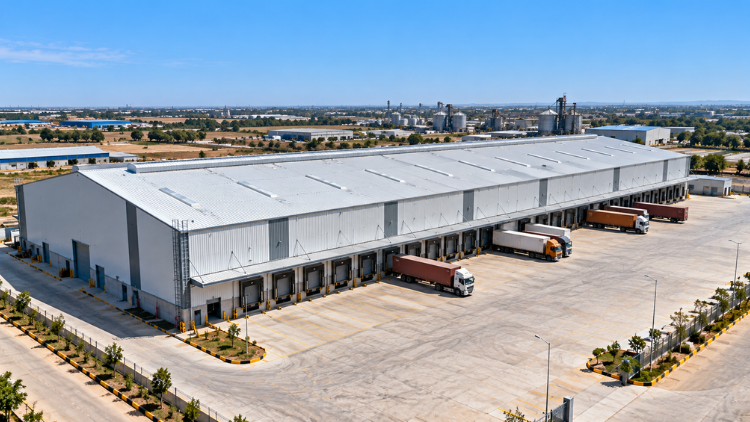 Large pre-engineered steel logistics center with loading docks and a truck yard