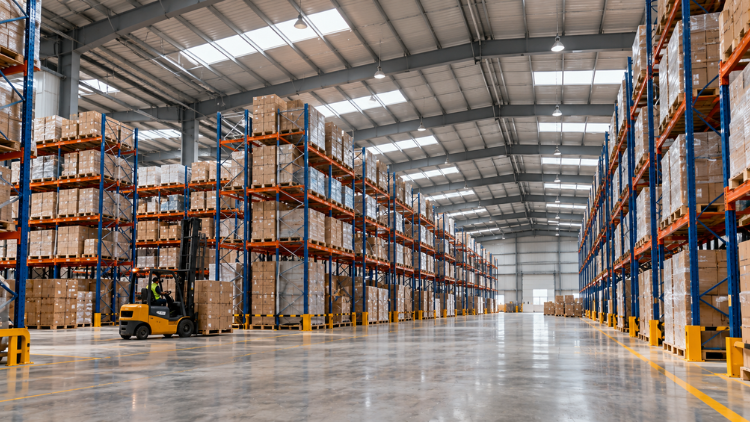Inside a pre-engineered logistics warehouse with tall pallet racking and a clear span roof