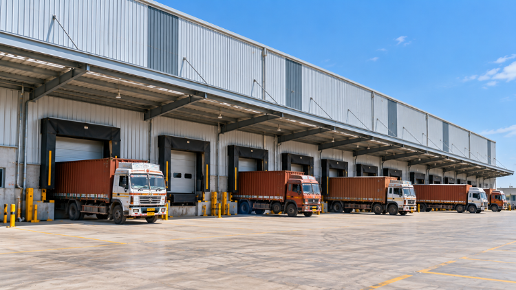 Loading docks of a steel logistics center with trucks backed up to the dock doors