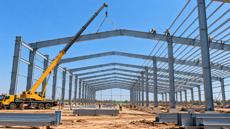 Steel frame of a logistics center being erected with a mobile crane