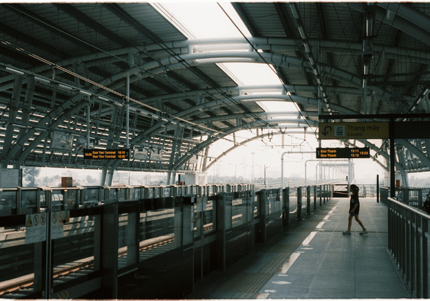 Steel roof structure of a railway platform shed covering the platform and tracks