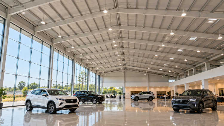 Column-free interior of a steel showroom with exposed roof rafters and cars on display