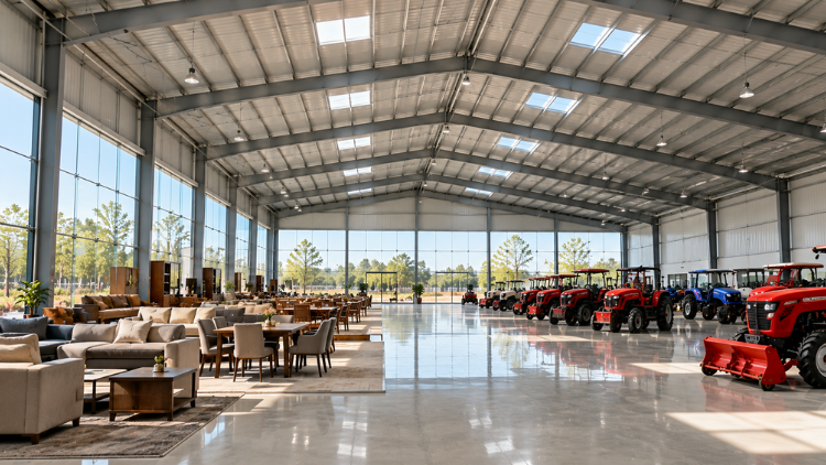 Open column-free steel display hall with products arranged on the floor