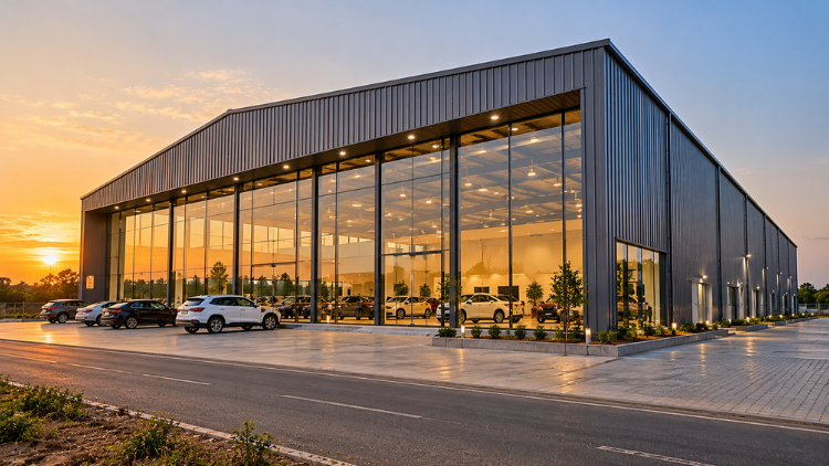 Modern pre-engineered steel showroom building with a full-height glass front