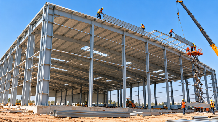 Workers fixing roof sheets on a pre-engineered steel showroom building