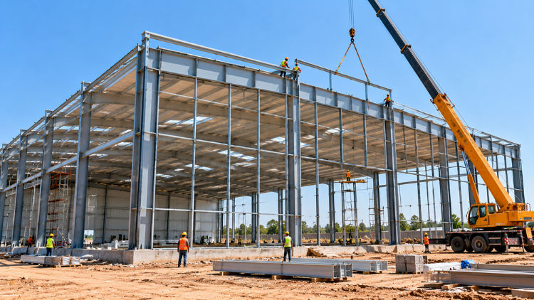 Steel frame of a pre-engineered showroom under construction with the front ready for glazing