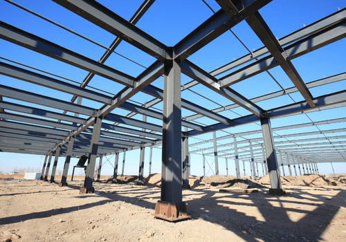 Steel columns and beams of a pre-engineered structure ready to carry a mezzanine floor